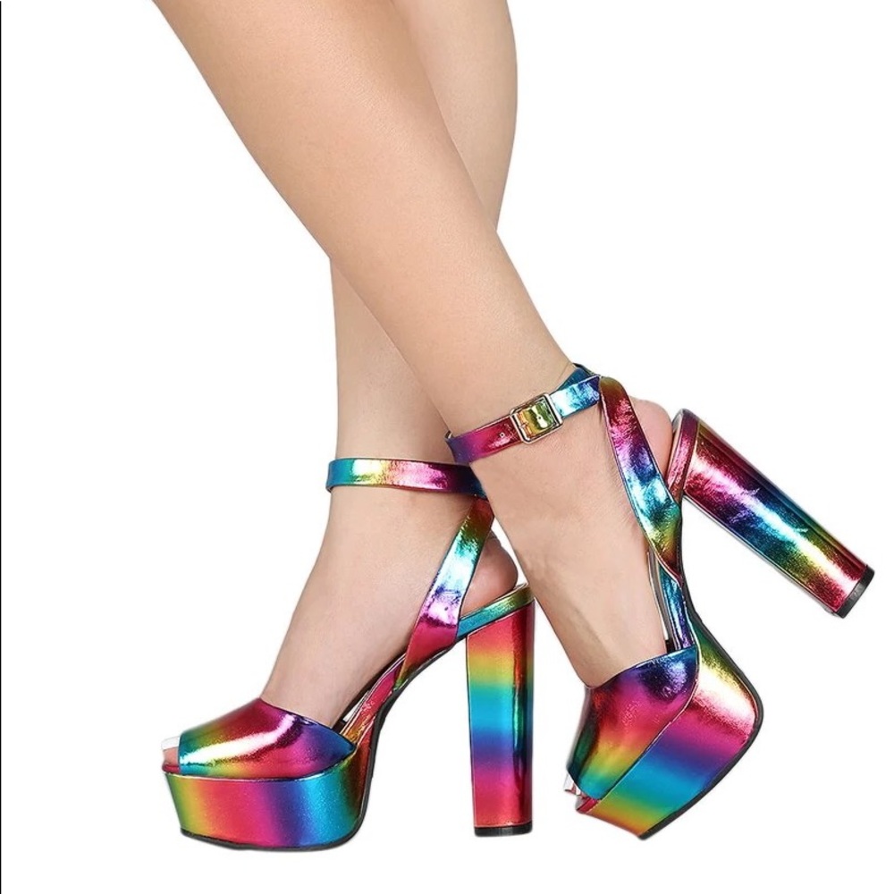 🎊HP🎉 Rainbow High Heel Chunky Mary Jane Platform Ankle Strap Sandals